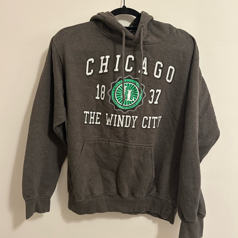 Brown Hoodie with Chicago Graphic Design and Drawstring Hood